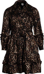 Anne Klein Leopard Tie Waist Long Sleeve Shirtdress