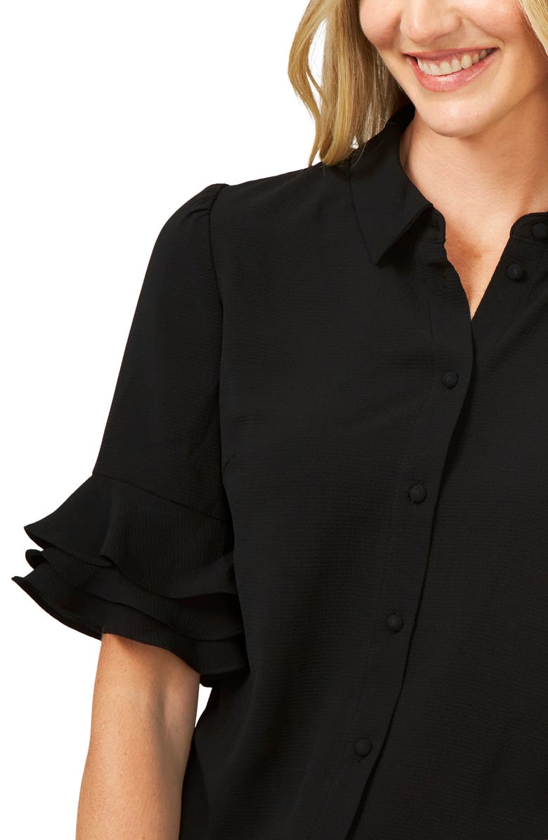 CeCe Ruffle Sleeve Crepe Button-Up Shirt, Alternate, color, Rich Black