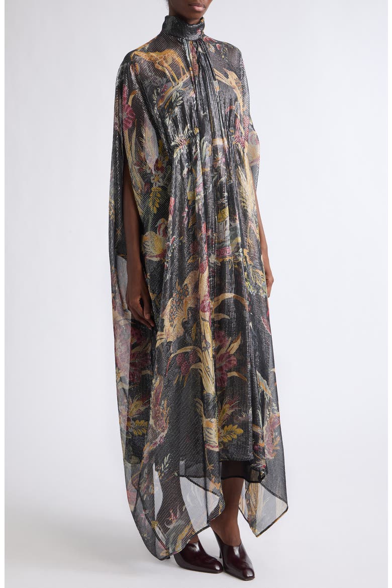 Metallic Stripe Print Silk Chiffon Dress, Alternate, color, BLACK