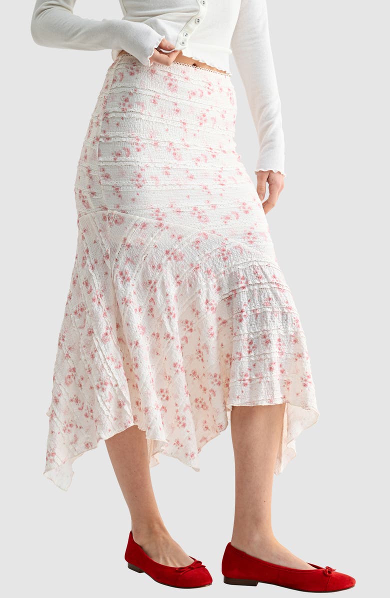 All in Favor Print Lace Ruffle Handkerchief Hem Maxi Skirt, Alternate, color, Cream Pink Floral