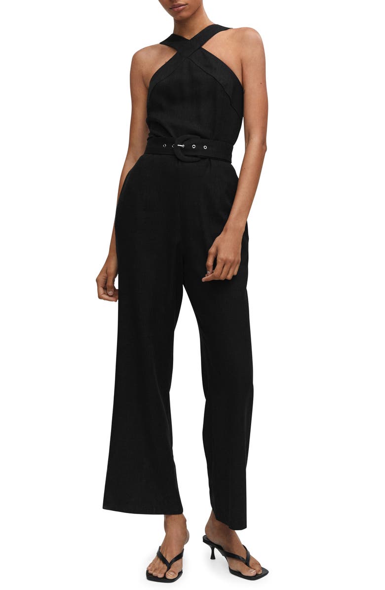 MANGO Belted Halter Neck Jumpsuit, Main, color, 