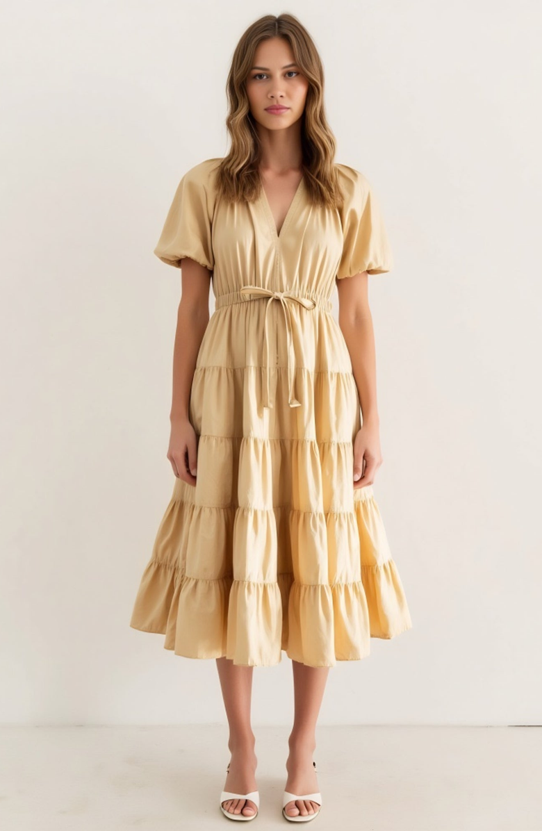 Modenaire Tiered Puff-Sleeve Tie-Waist A-Line Midi Dress, Alternate, color, Beige