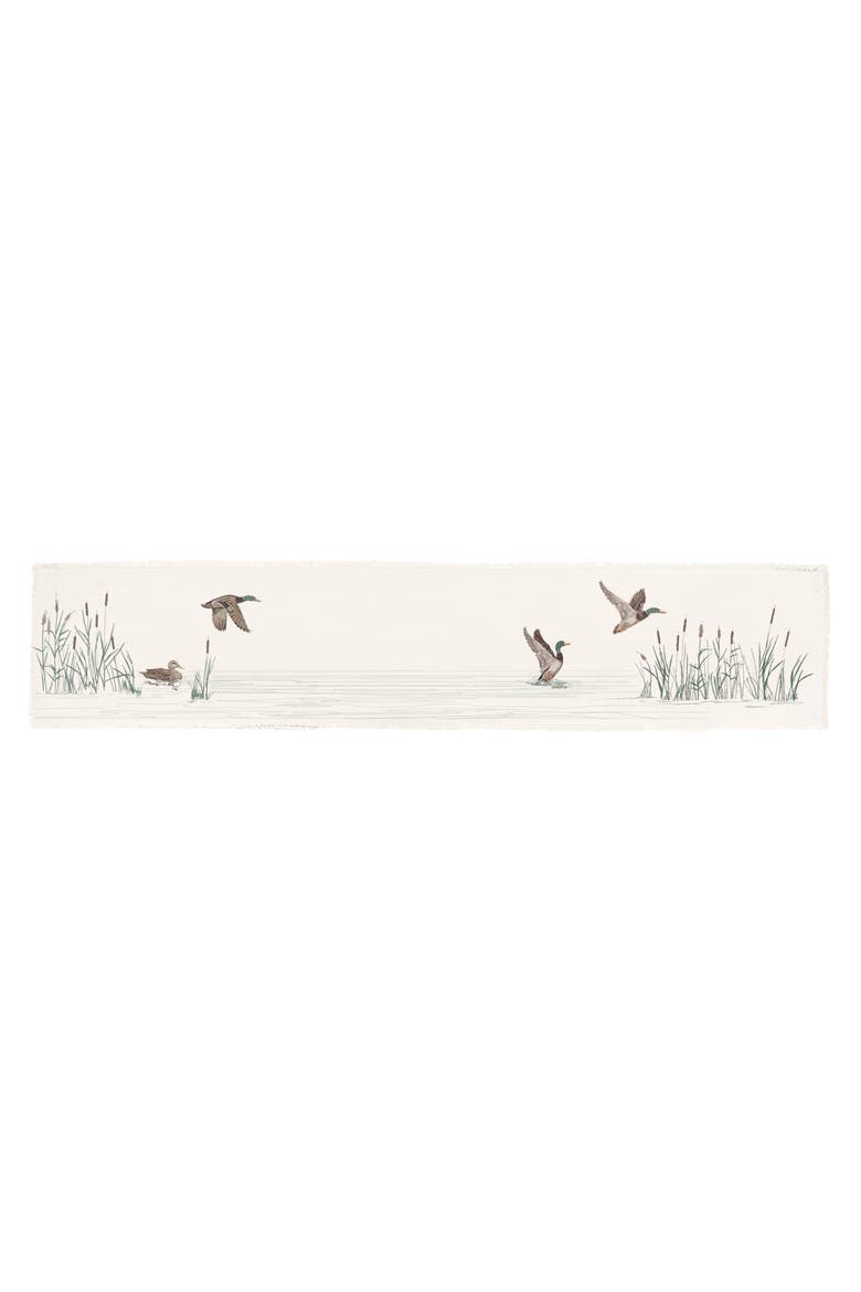 Taking Off Mallard Duck Cattails Marsh Fringed Embroidered Table Runner 14" x 72", Main, color, Brown