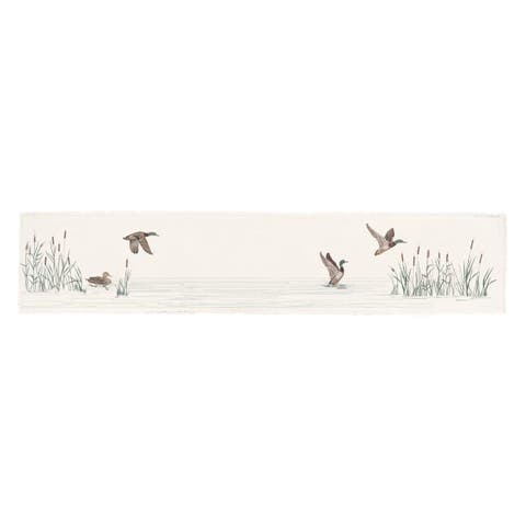 Taking Off Mallard Duck Cattails Marsh Fringed Embroidered Table Runner 14" x 72"