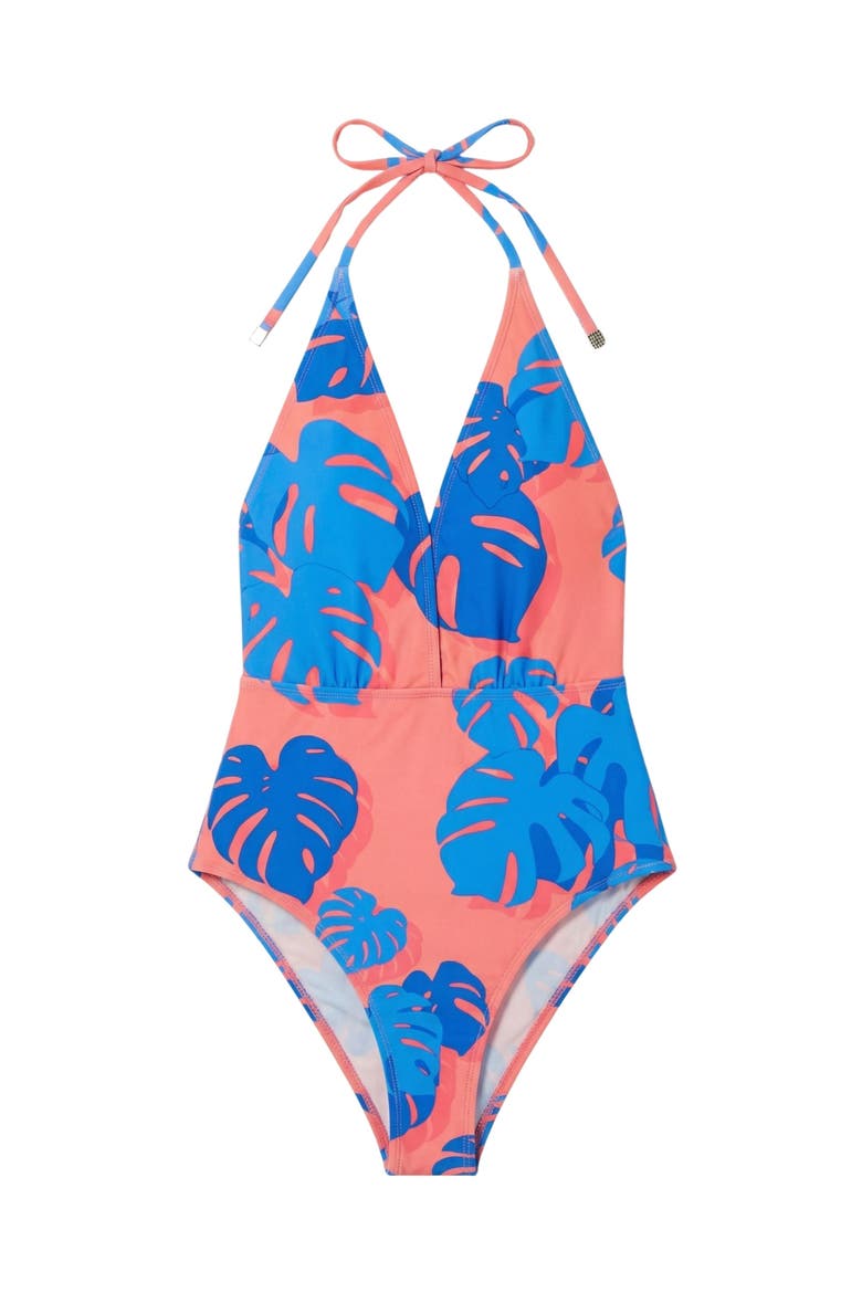 Monstera Floral Womens Halter One-Piece Swimsuit, Alternate, color, Monstera Floral Coral