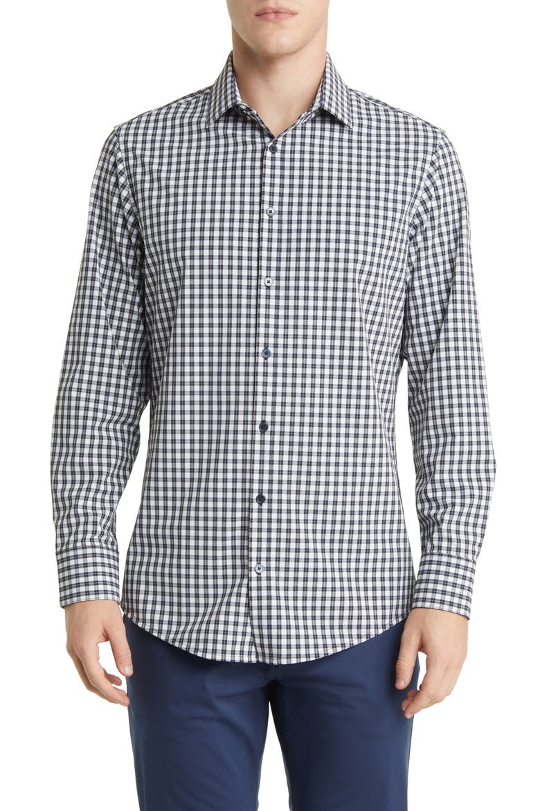 Leeward Trim Fit Plaid Performance Button-Up Shirt, Main, color, BLUE