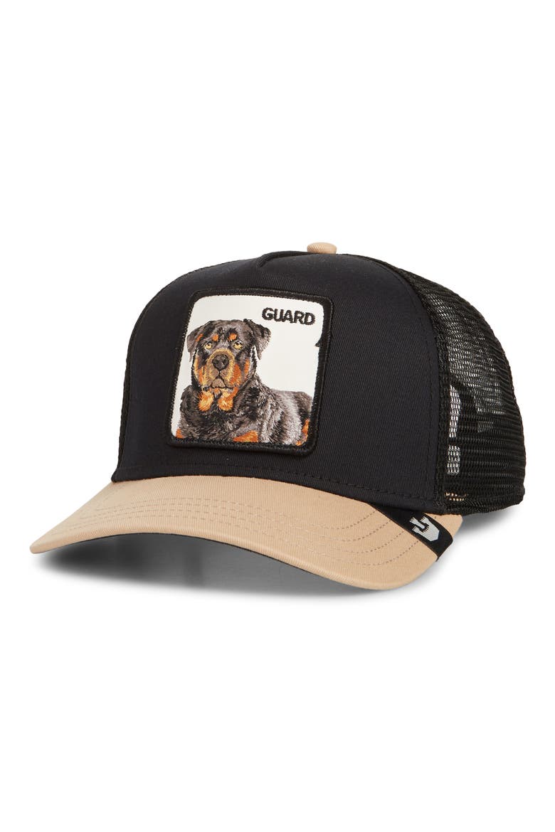 The Guard Dog Embroidered Patch Trucker Hat, Main, color, BLACK