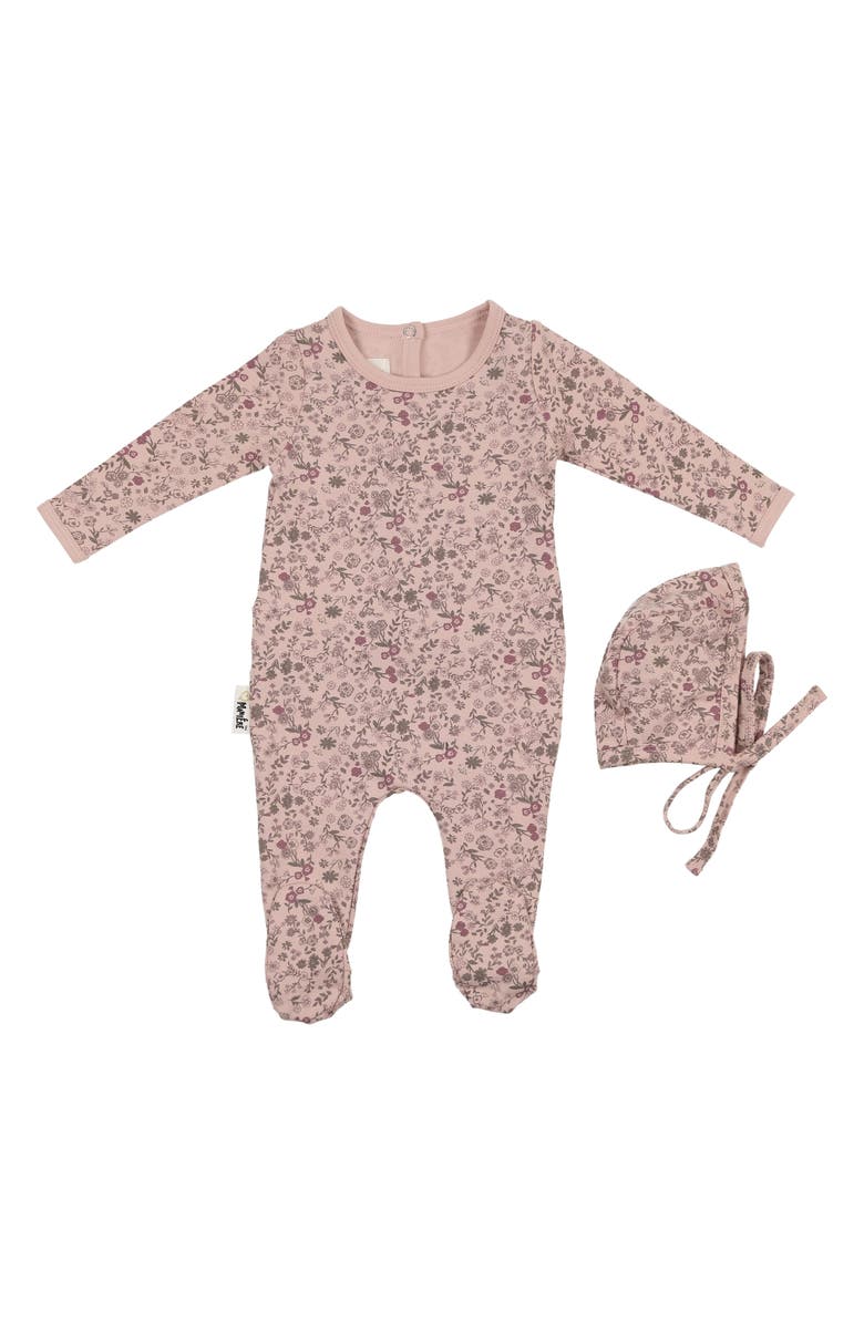 Manière Elegant Floral Footie & Hat Set, Main, color, Mauve