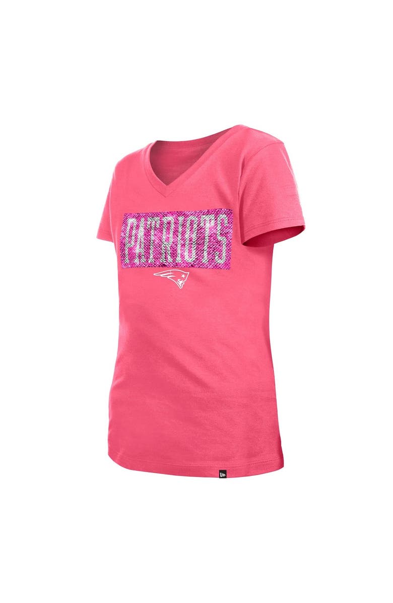 New Era Girls Youth New Era Pink New England Patriots Reverse Sequin V-Neck T-Shirt, Alternate, color, 