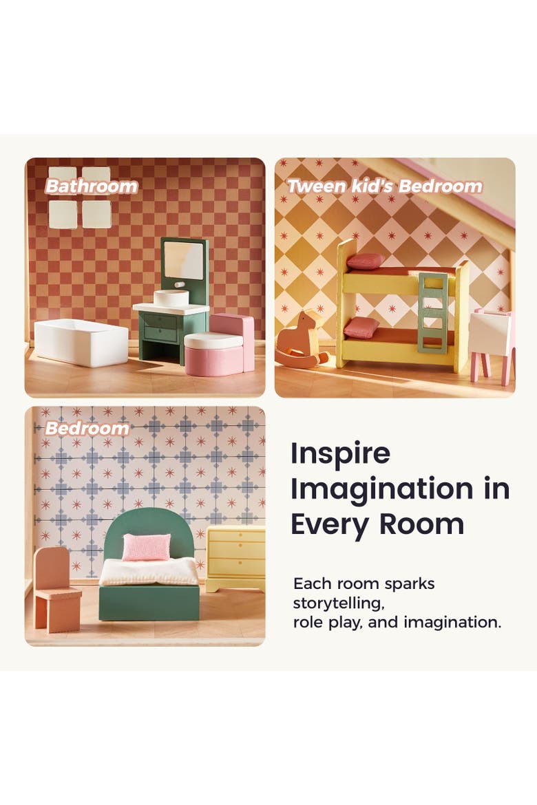 6 Room Wooden Dollhouse Set with 31 Piece Furniture for Kids, Alternate, color, Multicolor