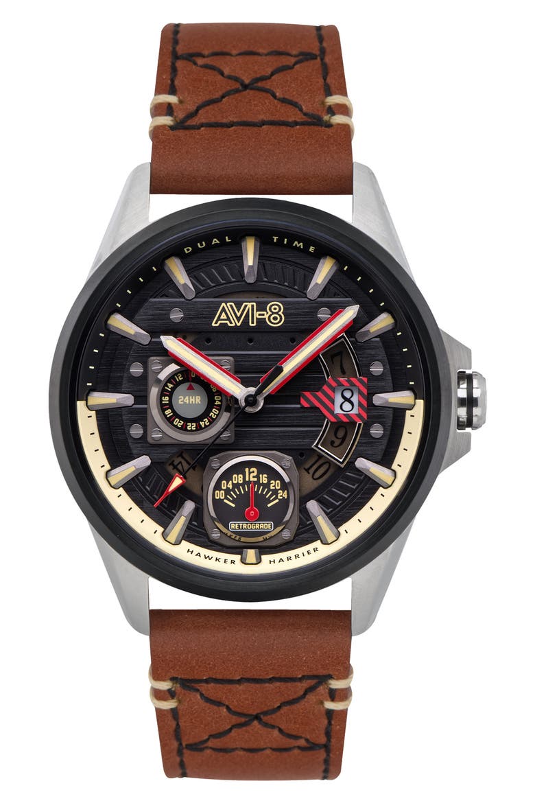 Hawker Harrier Farley Leather Strap Watch, 44mm, Main, color, BLACK