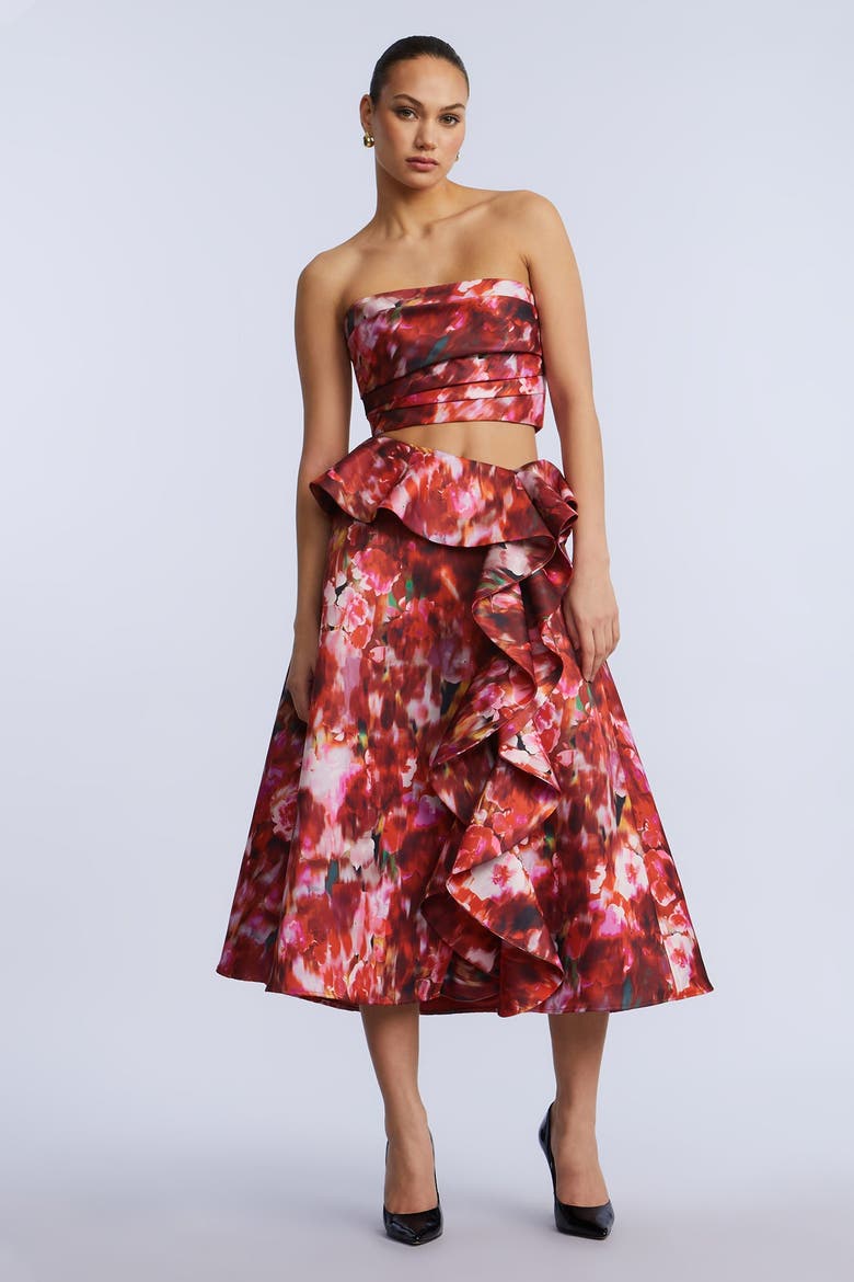 Pleated Satin Bustier, Main, color, Washed Rose Chili Pepper Print