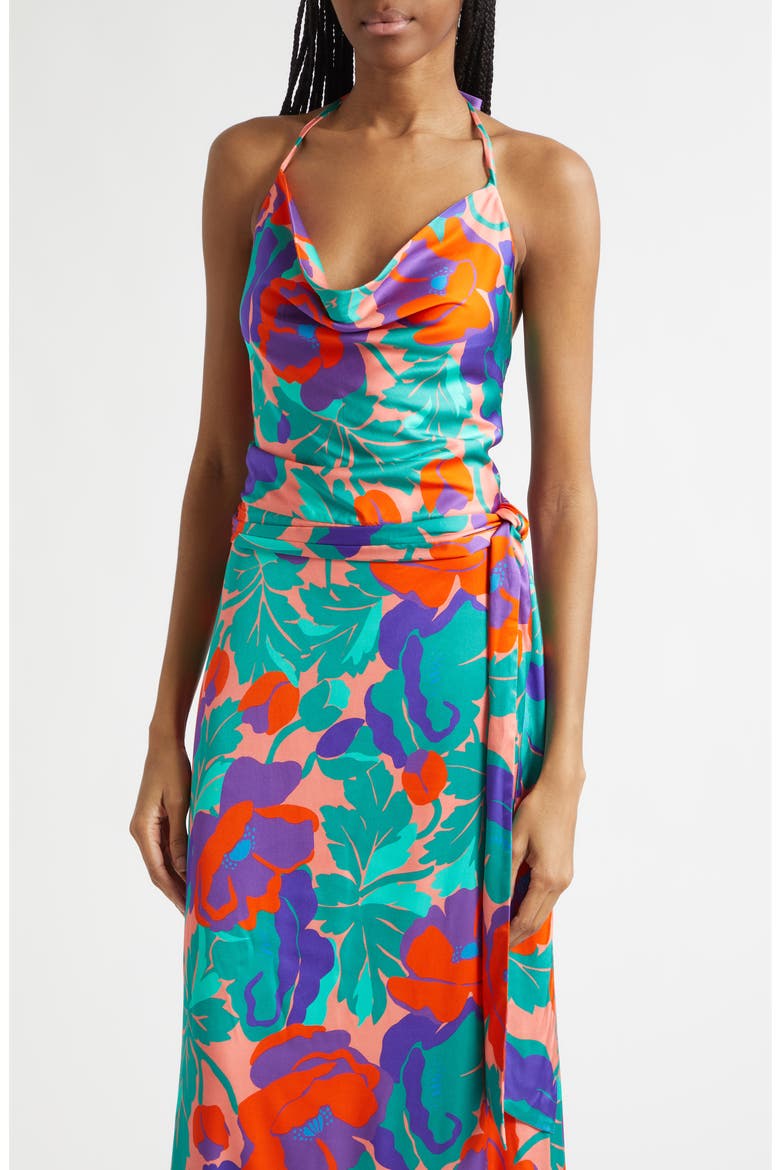 Corrine Floral Halter Neck Satin Gown, Alternate, color, CORAL FLORAL