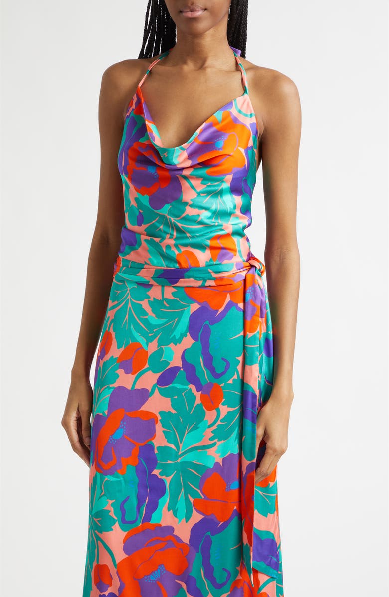 Ramy Brook Corrine Floral Halter Neck Satin Gown, Alternate, color, Coral Floral