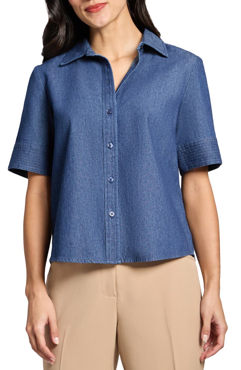 Jones New York Short Sleeve Denim Button-Up Shirt, Main, color, 