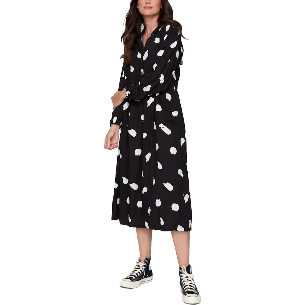 Turtledove London Organic Cotton Magda Print Long Sleeve Midi Dress In Black