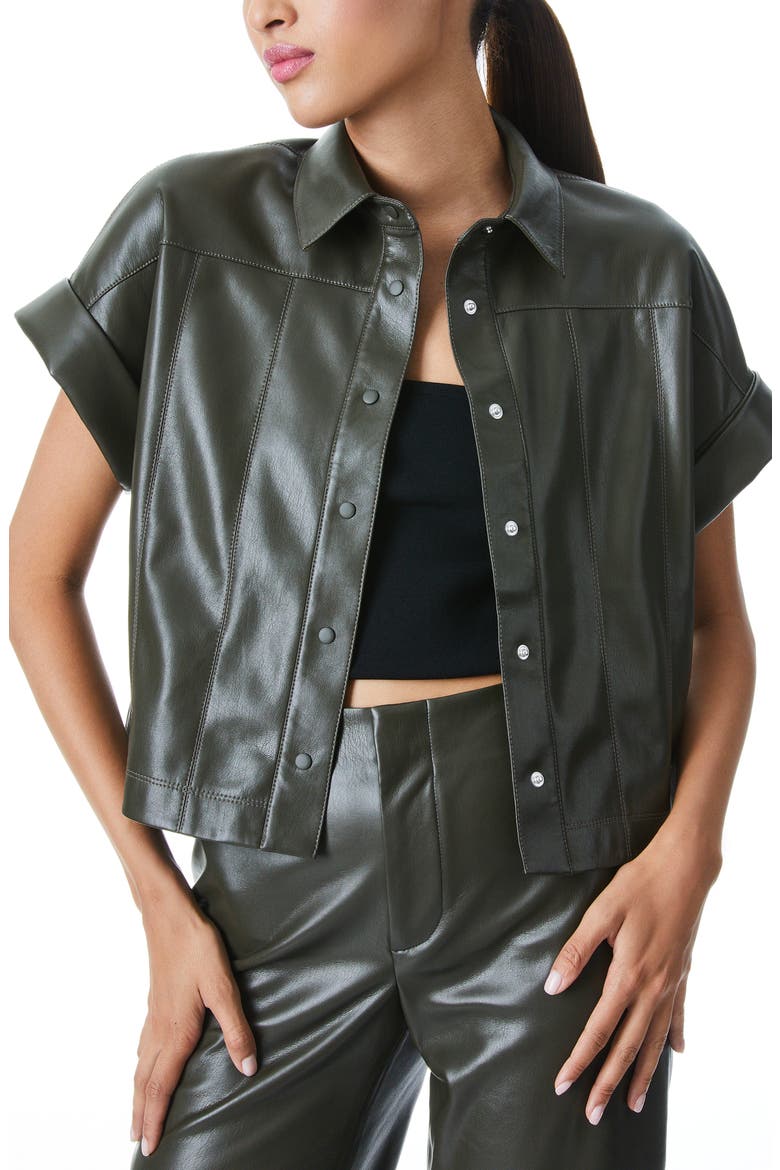 Edyth Short Sleeve Button-Up Faux Leather Shirt, Main, color, OLIVE