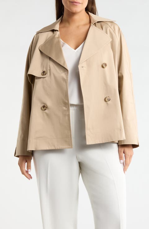 Double Breasted Sateen Trench Coat (Plus)