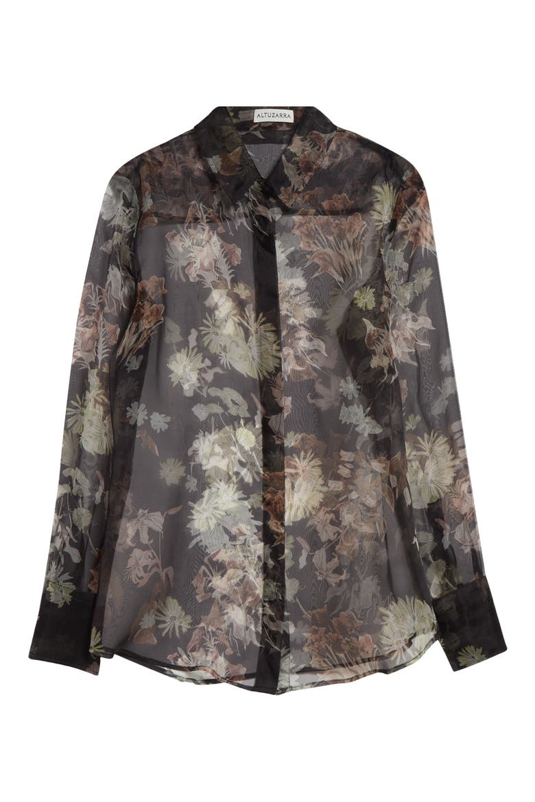 Chika Floral Print Sheer Silk Organza Button-Up Shirt, Alternate, color, BLACK FLOWERS