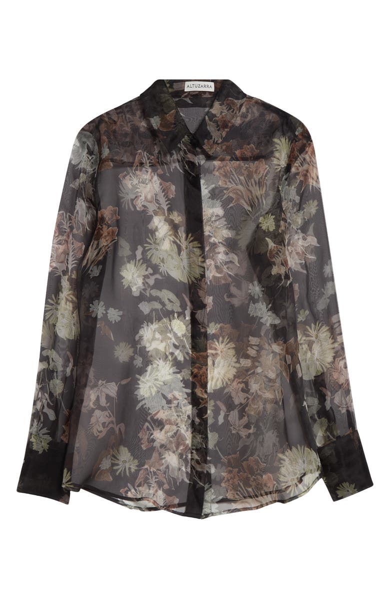 Altuzarra Chika Floral Print Sheer Silk Organza Button-Up Shirt, Main, color, Black Flowers