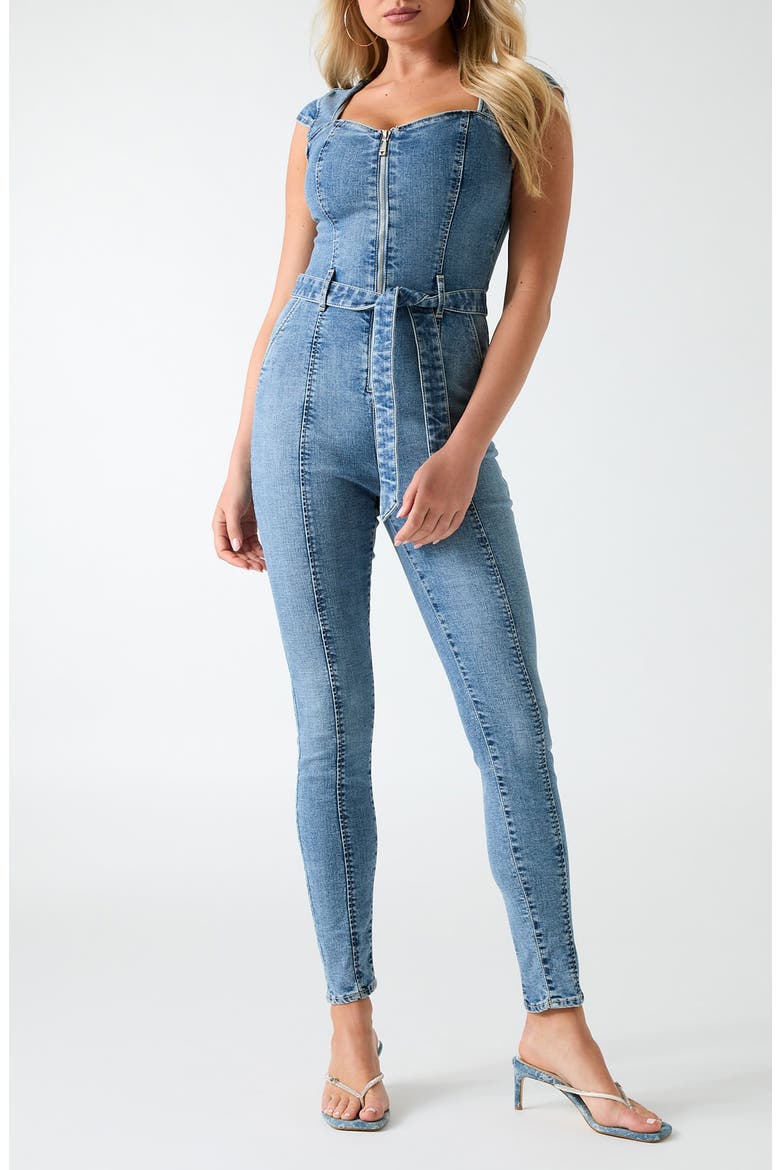 Cassidy Tie Waist Denim Jumpsuit, Main, color, DENIM