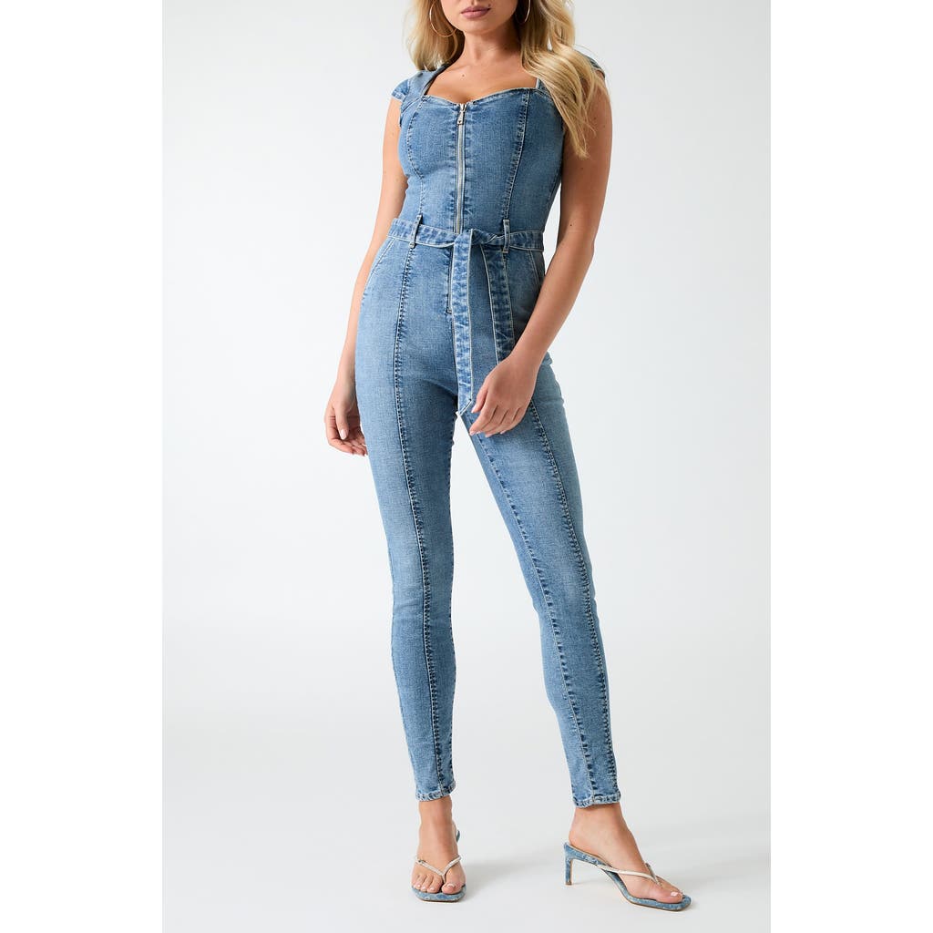 Guess Cassidy Tie Waist Denim Jumpsuit In Blue