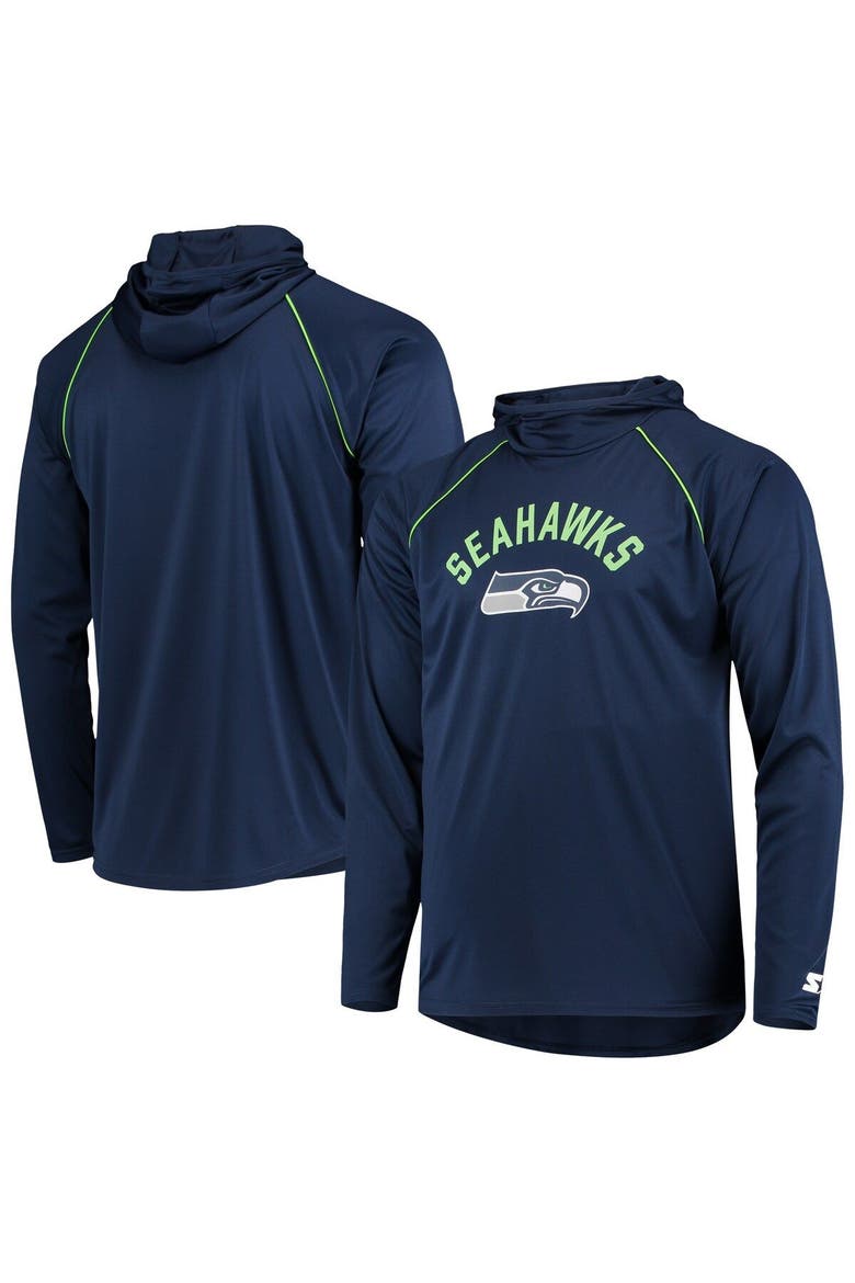 Men's Starter Navy Seattle Seahawks Raglan Long Sleeve Hoodie T-Shirt, Main, color, Navy