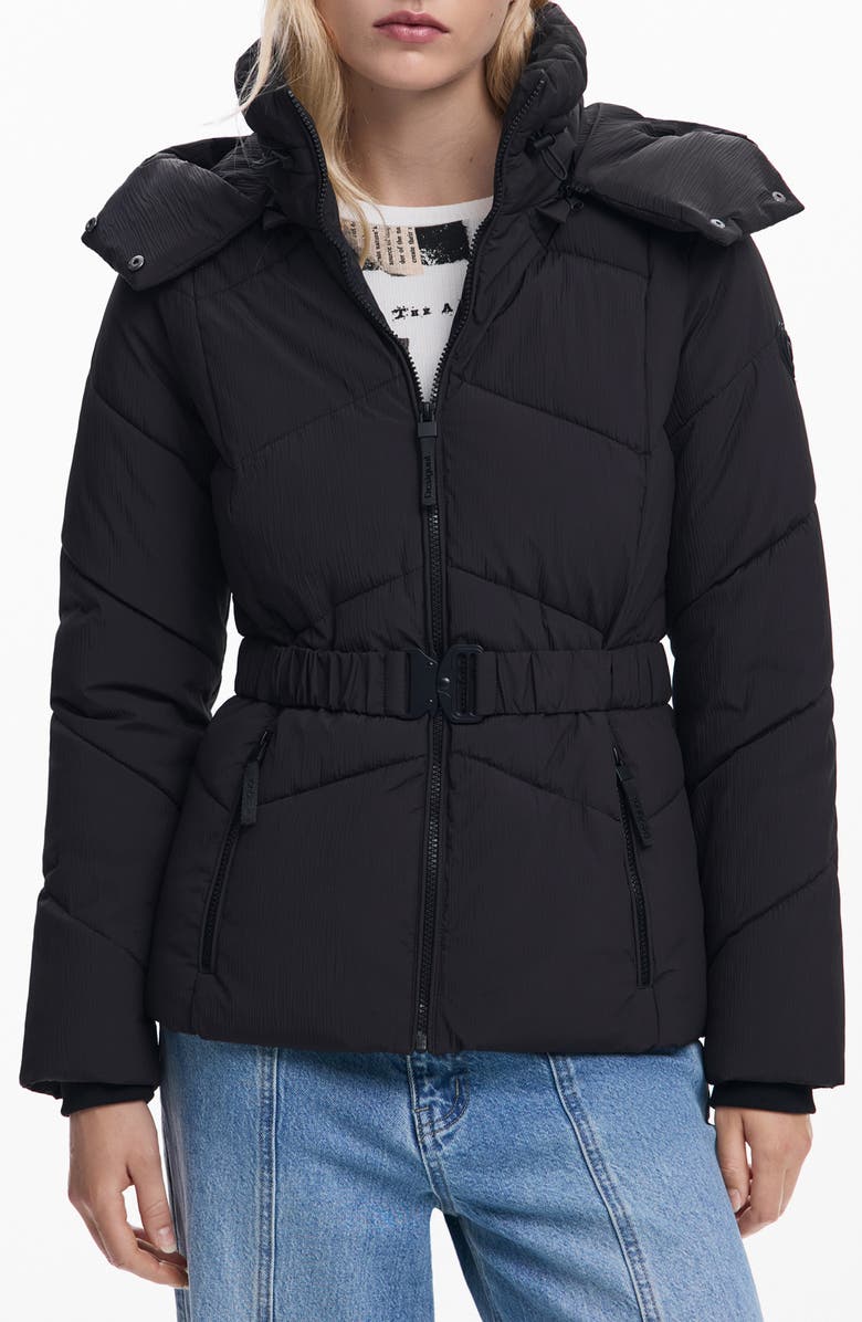 Desigual Quilted Puffer Coat with Removable Hood, Main, color, Black