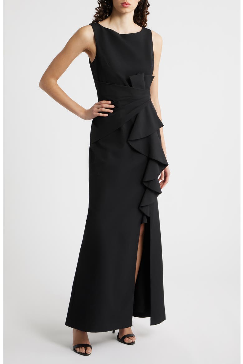 Cascade Ruffle Sleeveless Gown, Main, color, BLACK