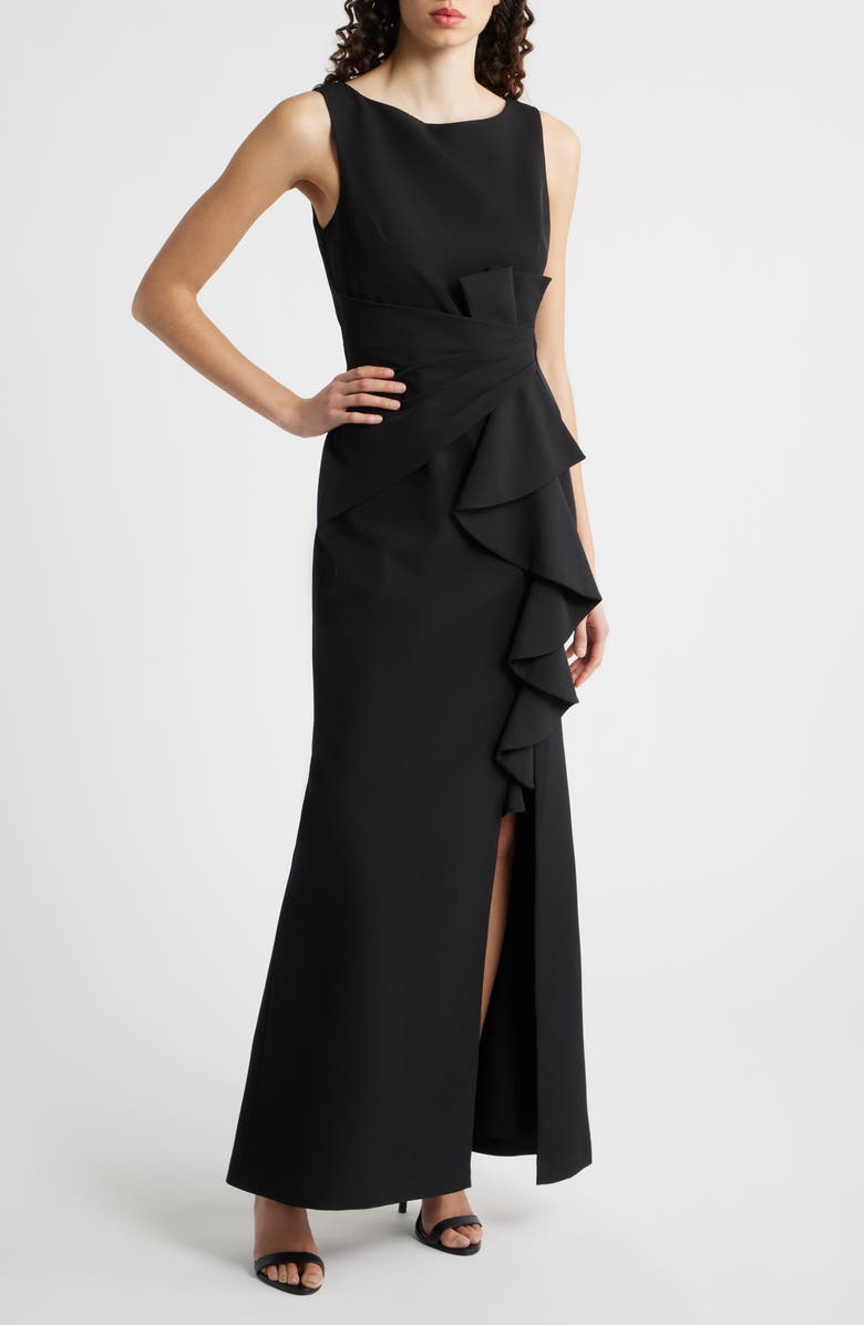 Eliza J Ruffle Front Gown, Main, color, Black
