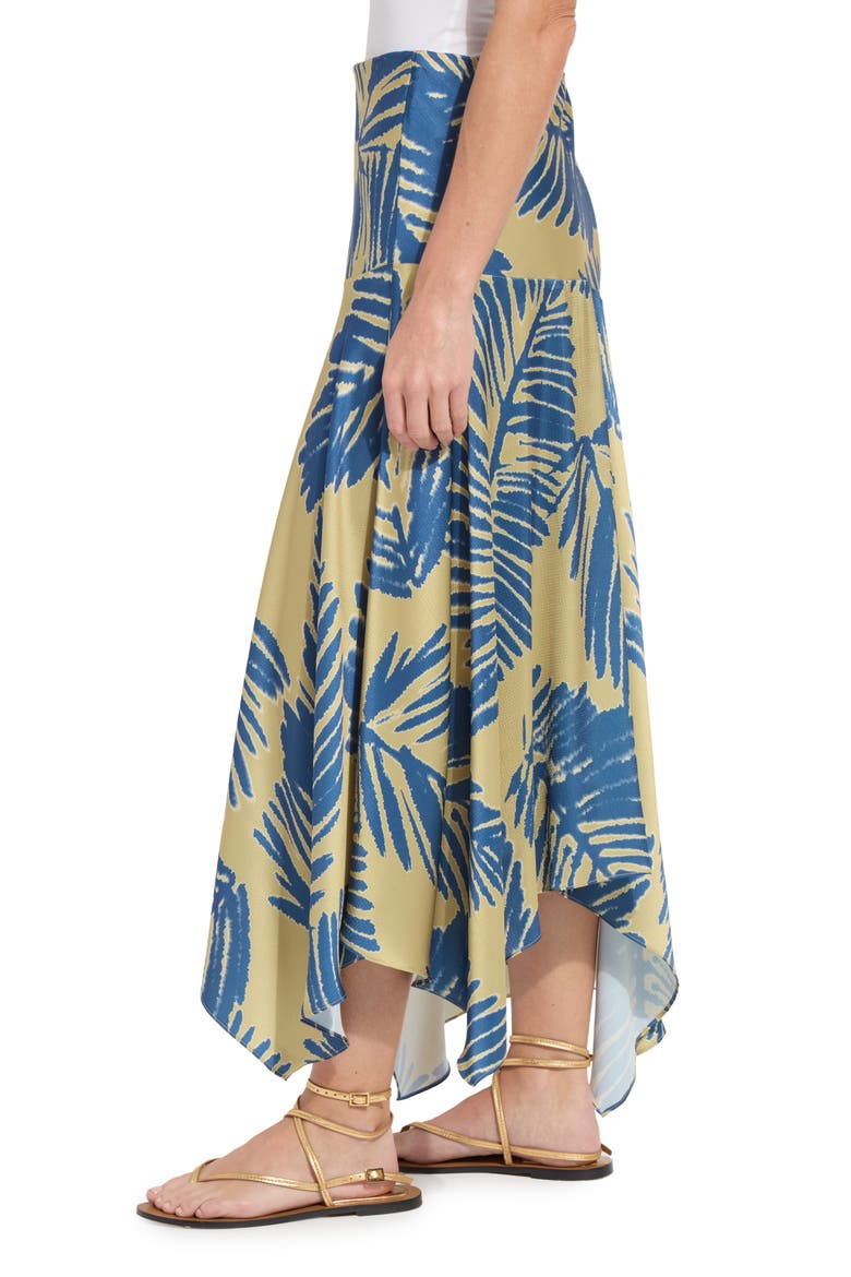 Catriona Leaf Print Handkerchief Hem Hammered Satin Skirt, Alternate, color, SICILIAN PALM