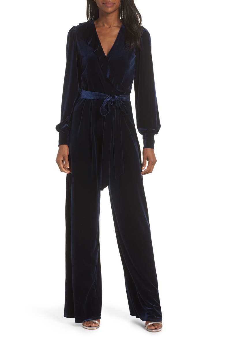 Julie Print Ruffle Jumpsuit, Main, color, MIDNIGHT VELVET-NAVY