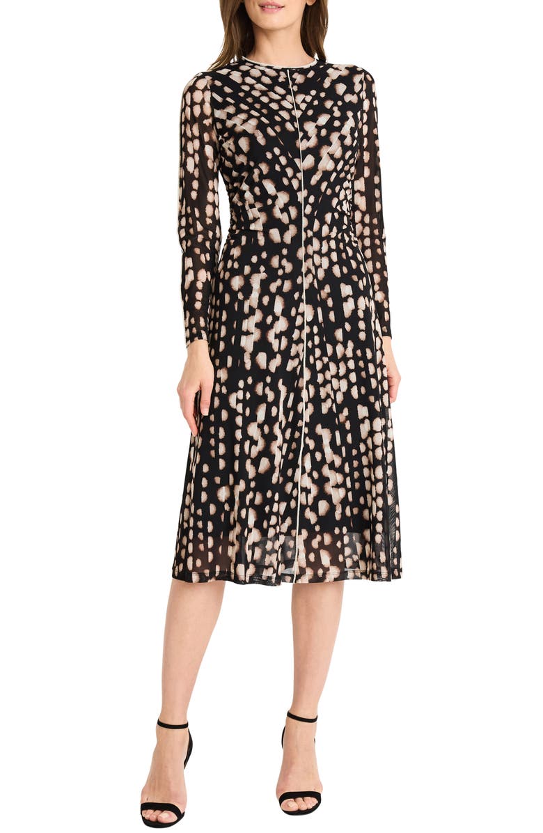 Maggy London Print Long Sleeve A-Line Dress, Main, color, Black/ Quartz