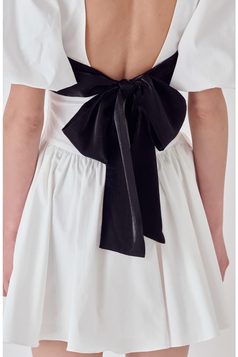 Contrast Bow Puff Sleeve Minidress, Alternate, color, WHITE/ BLACK