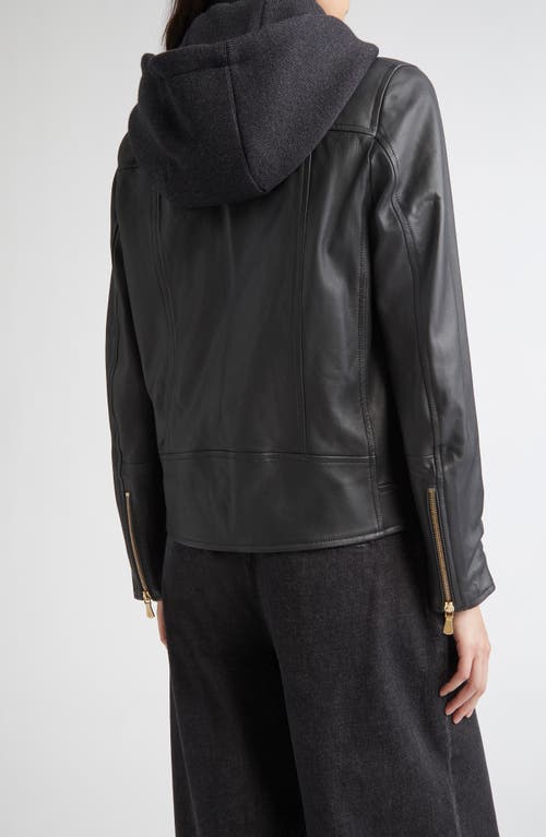 Eleventy Leather Biker Jacket With Removable Hooded Bib In Black