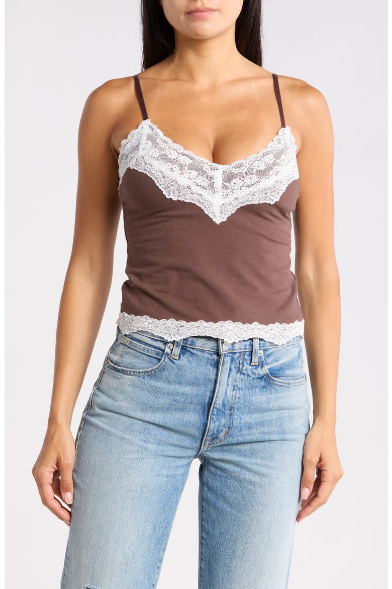 Lace-Trimmed Knit Cami, Main, color, BROWN/ CREME