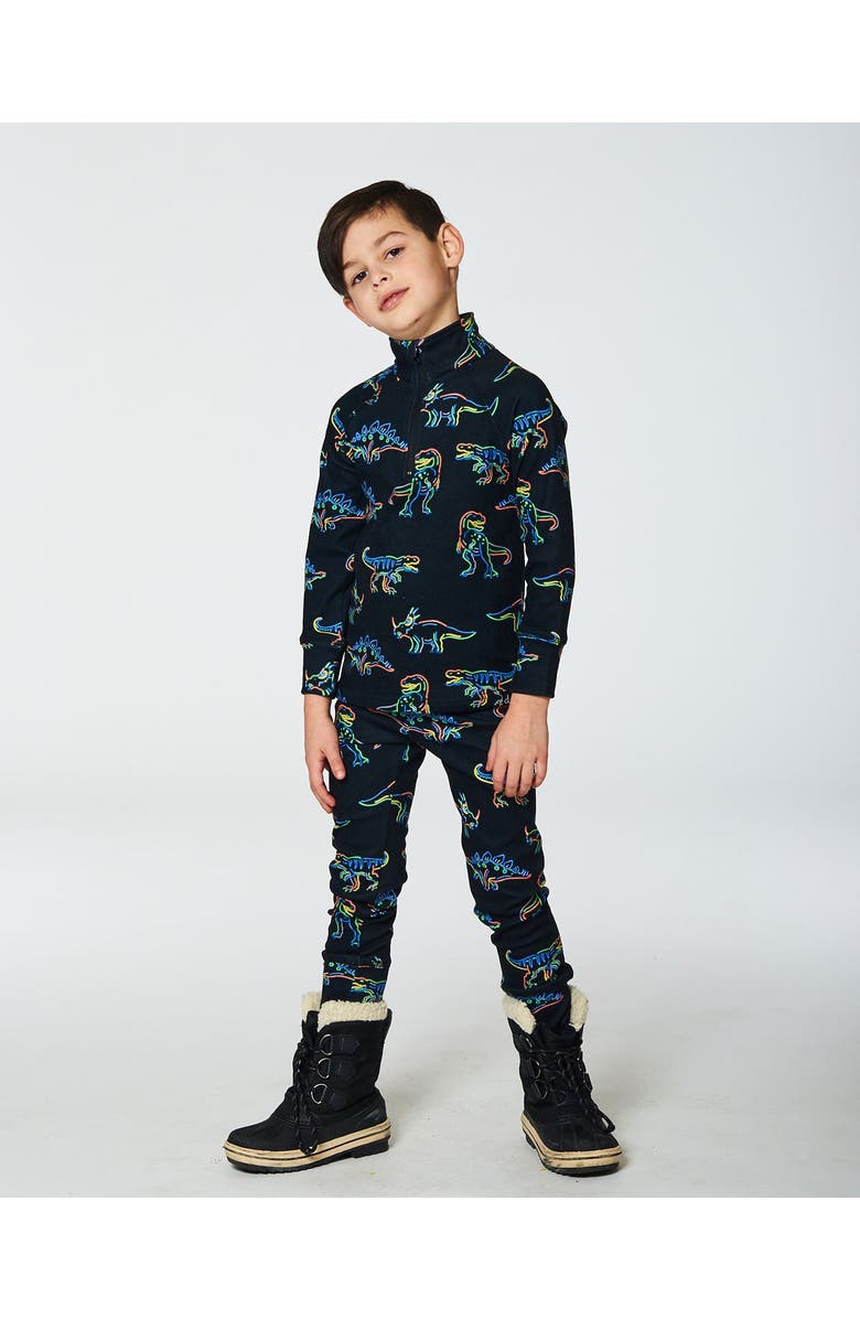 Deux par Deux Little Boy's One Piece Thermal Underwear Black Printed Neon Dino, Alternate, color,