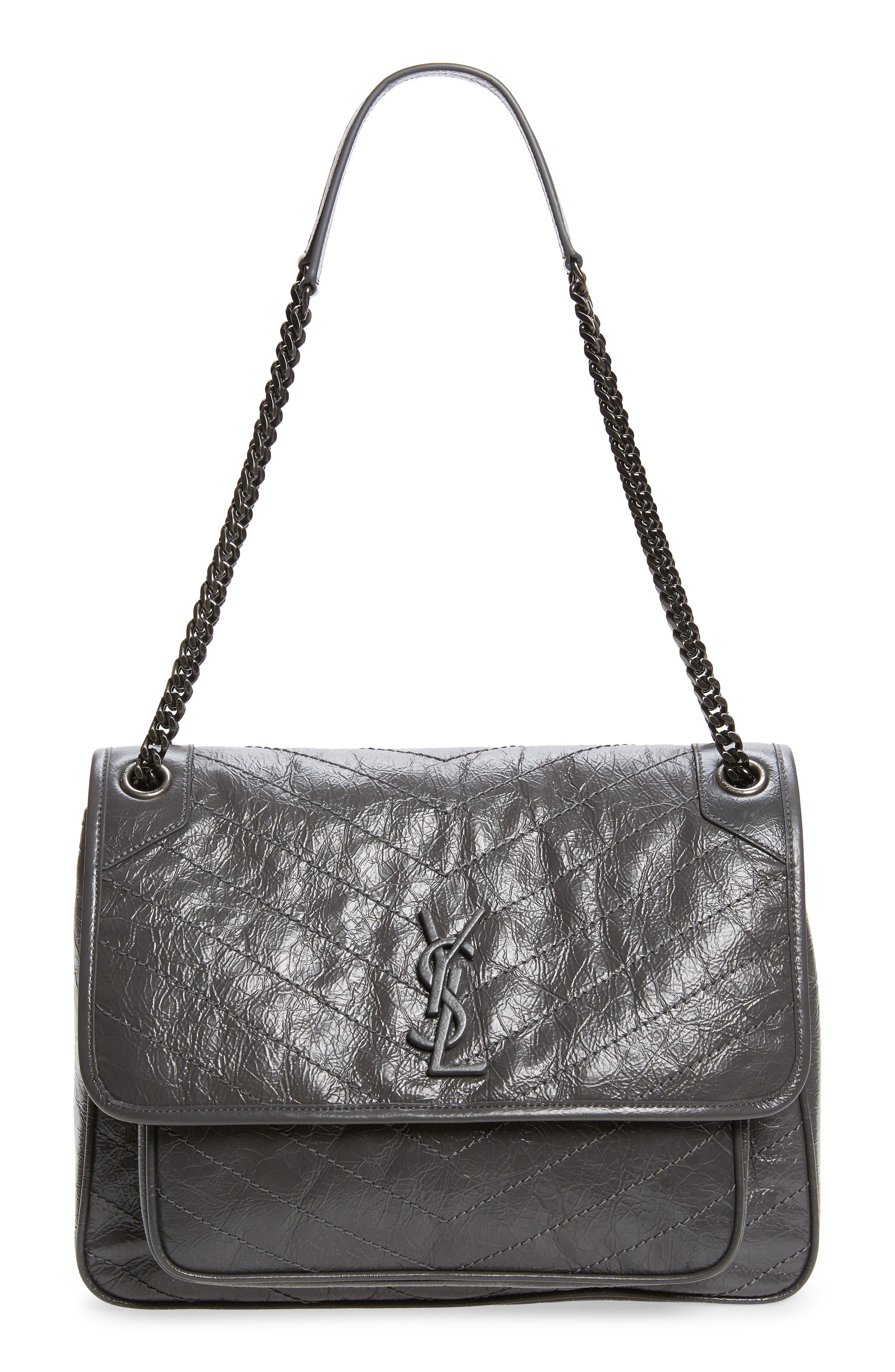 Large Niki Crinkled Matelassé Leather Shoulder Bag, Main, color, STORM
