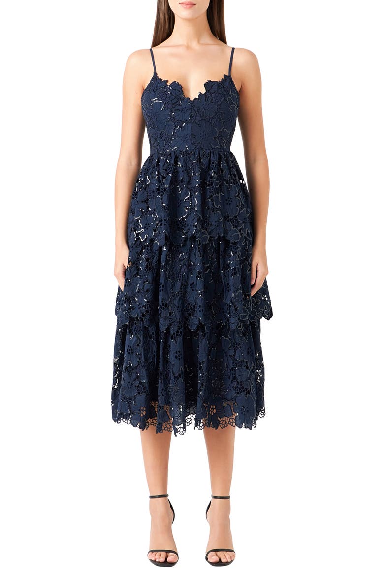 Floral Lace Tiered Sequin Midi Dress, Main, color, NAVY
