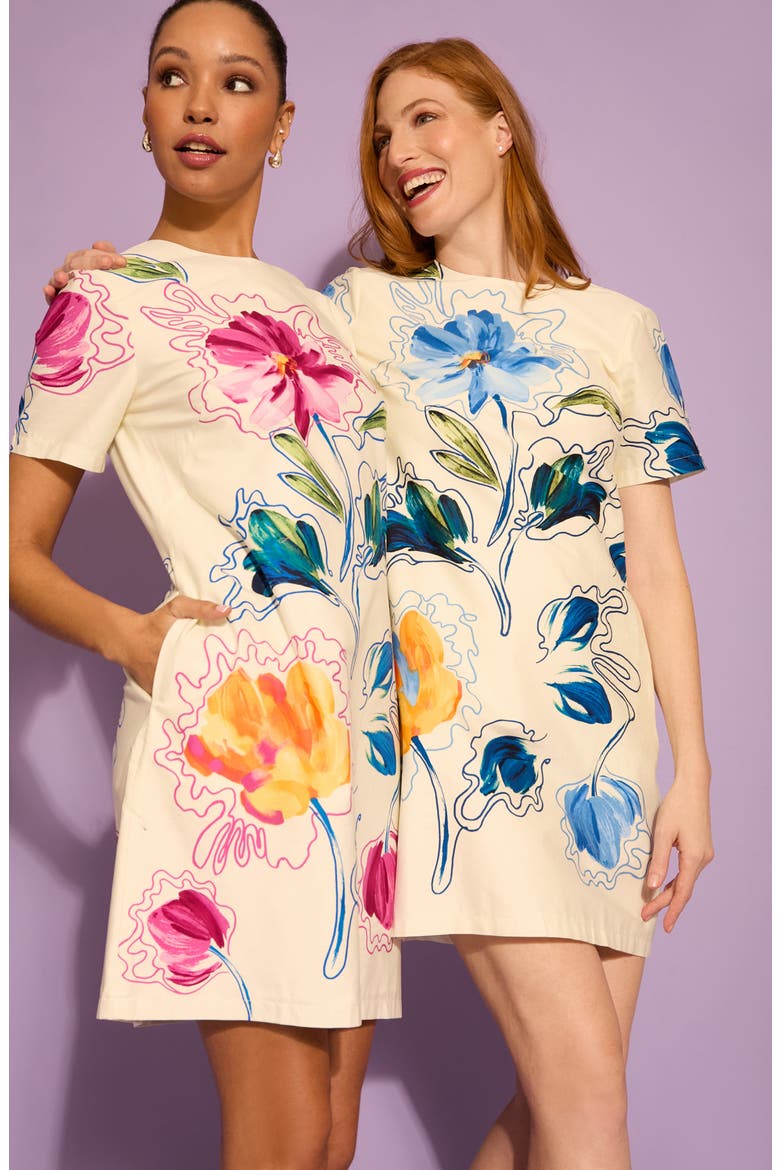Print Shift Dress, Alternate, color, IVORY/ LIGHT DENIM BLUE