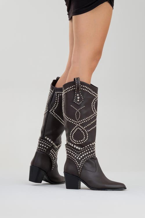 Prologue Shoes Draga Studded Block Heel Knee High Boot In Brown