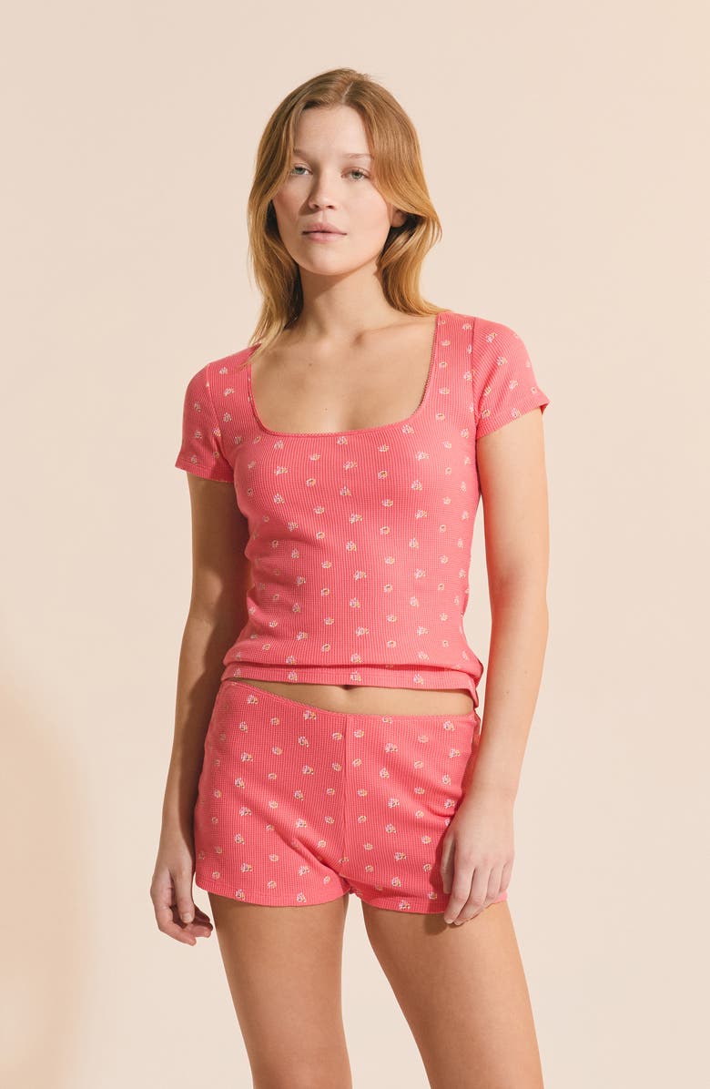 Etam Ondine Waffle Knit Short Sleeve Cotton Pajama Top, Alternate, color, Grenadine