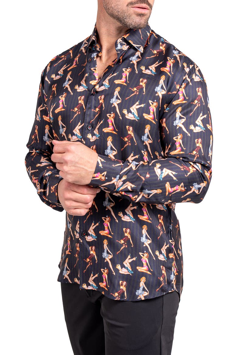 Fibonacci Ascension 0221 Pin-Up Print Contemporary Fit Button-Up Shirt, Alternate, color, BLACK