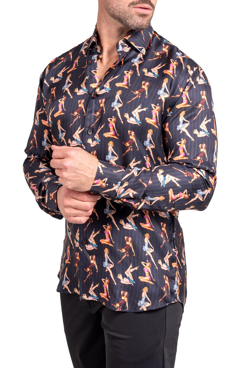 Maceoo Fibonacci Ascension 0221 Pin-Up Print Contemporary Fit Button-Up Shirt, Alternate, color, Black