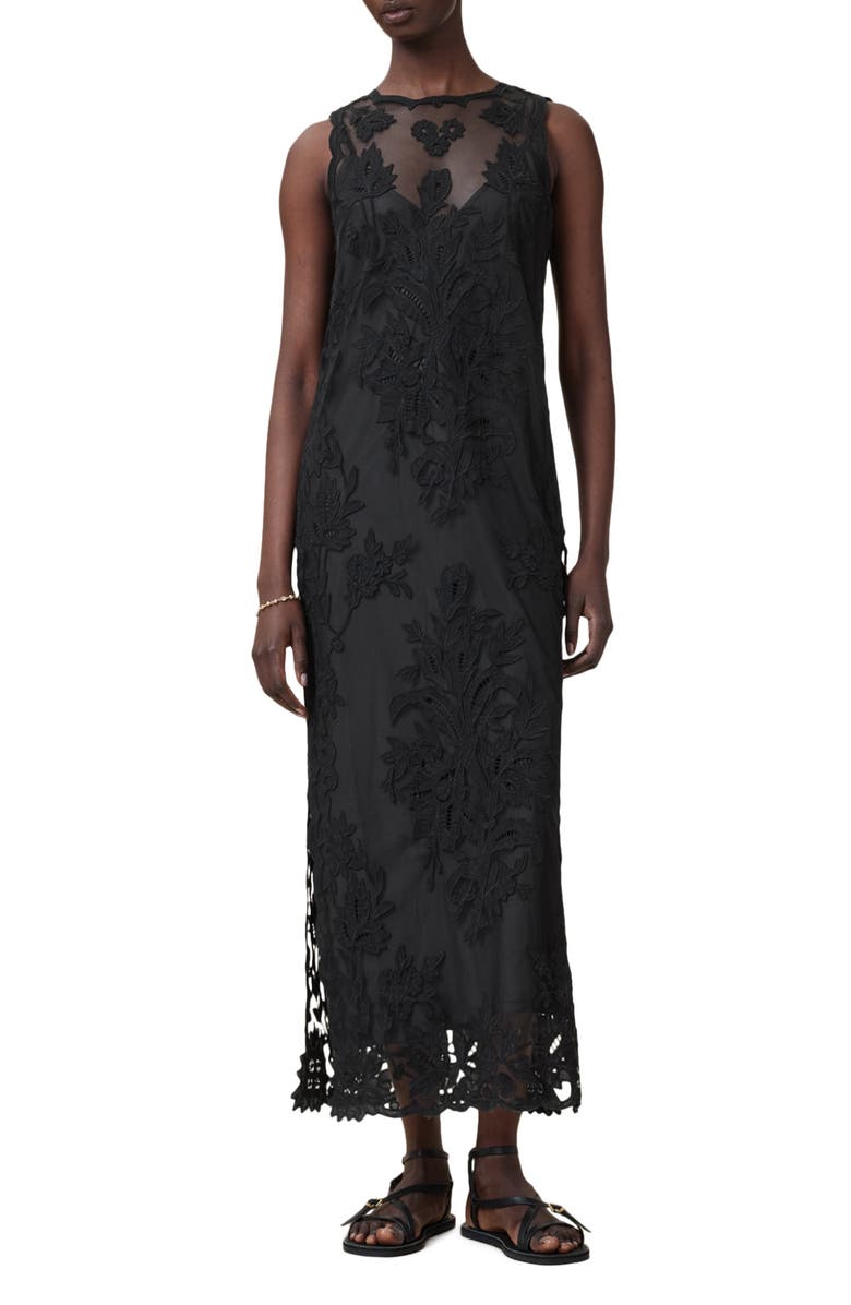 AllSaints Rye Embroidered Sleeveless Maxi Dress, Main, color, 