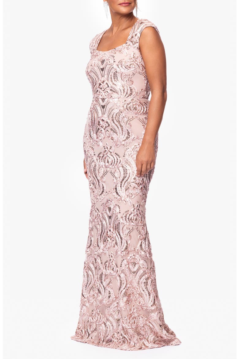 Sequin Floral Appliqué Sheath Gown, Alternate, color, SAND