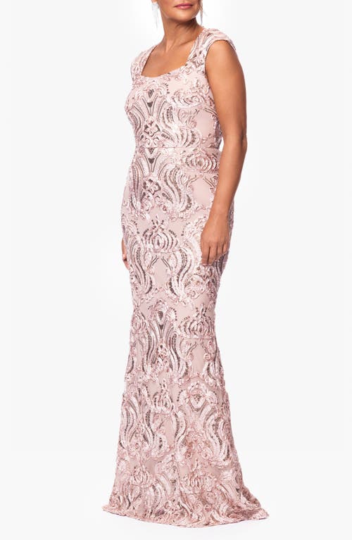 Xscape Evenings Sequin Floral Appliqué Sheath Gown In Sand