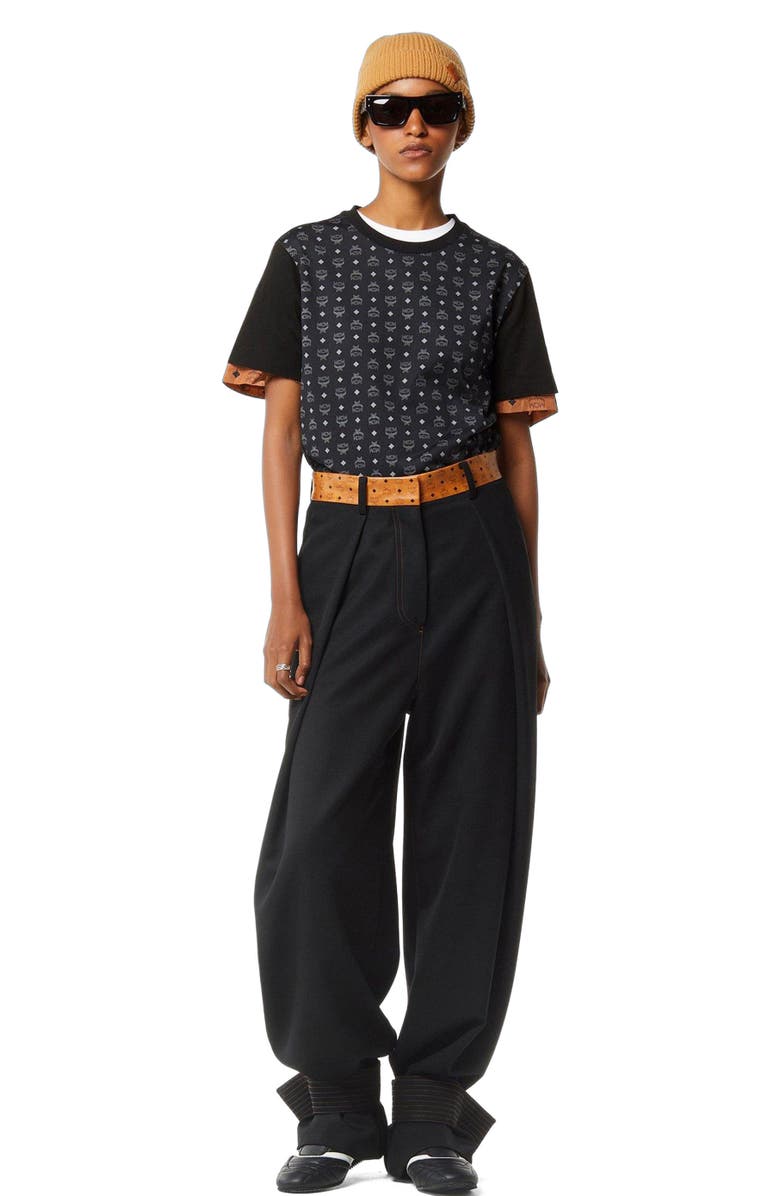 MCM Pants in Wool Twill and Monogram Print Leather, Main, color, Black
