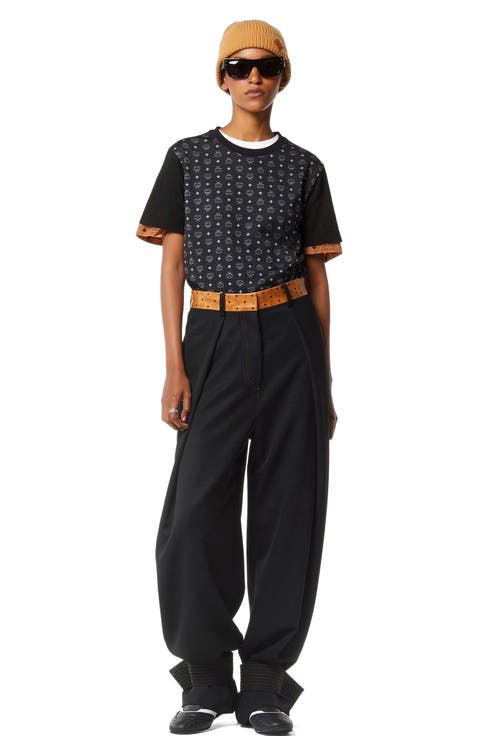 Pants in Wool Twill and Monogram Print Leather