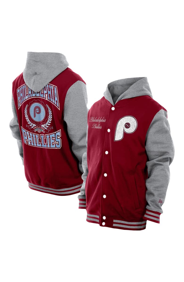 New Era Men's New Era Burgundy Philadelphia Phillies Throwback Prep Full-Snap Hoodie Jacket, Main, color, 